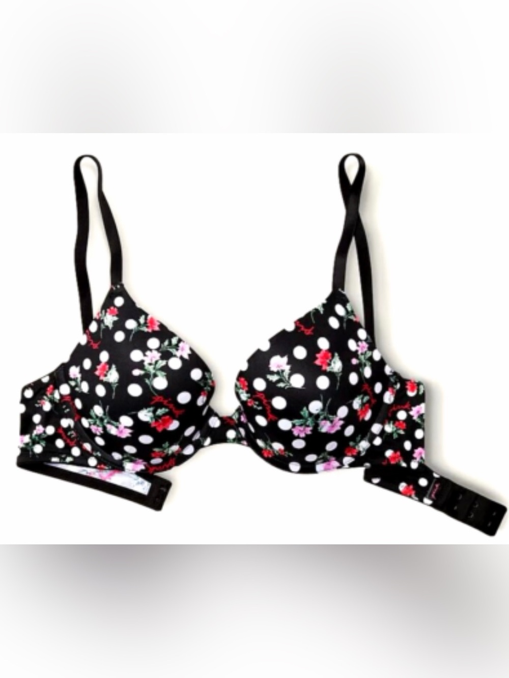 PINK Victoria's Secret‎ Black Polka Dot Floral Push-Up Bra